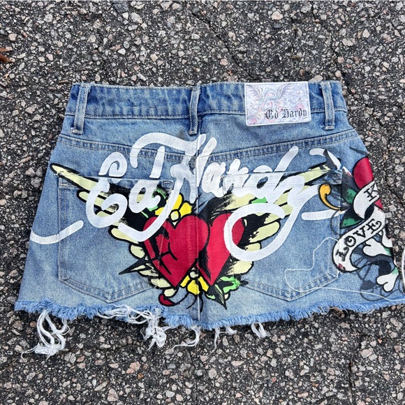 Ed Hardy micro mini jeans cutoff skirt Heats wing skulls Y2K - Picture 1 of 7